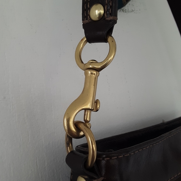 Coach Brown Signature Stripe Canvas Small Shoulder Bag Purse Leather Trim - Picture 5 of 12